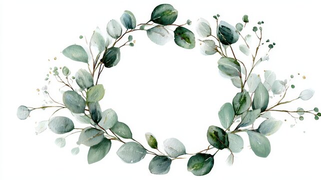 Watercolor round eucalyptus wreath for invitations and prints