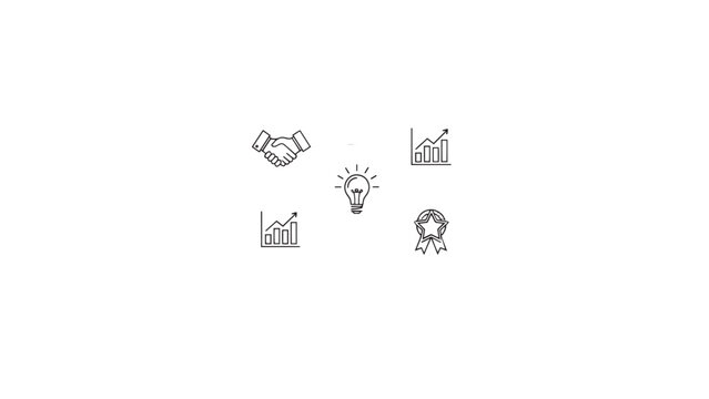 Group of business and innovation icons arranged around a glowing center representing collaboration and idea generation.