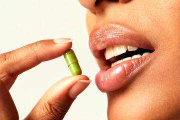 Woman Taking Green Capsule Vitamin Supplement Close Up