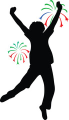 Energetic Person Jumping and Celebrating with Arms Up and Colorful Fireworks Burst
