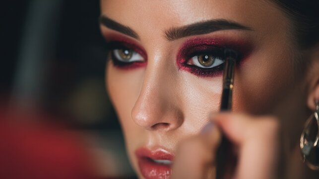 Medium shot of a makeup artist skillfully applying bold evening makeup on a model emphasizing dramatic eye shadows and contouring for a glamorous night look.