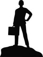 Executive Leader Standing Victorious on a Mountaintop Holding a Business Briefcase