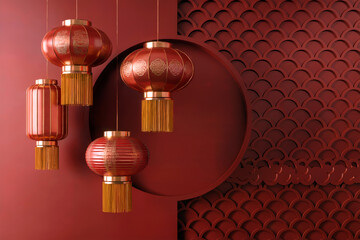 Elegant Red Chinese Lantern Background with Traditional Lunar New Year Decor