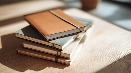 Stack of leather journals on wooden desk with natural light, cozy workspace scene featuring rustic stationery, warm daylight, vintage notebook collection, and creative writing setup for study and insp