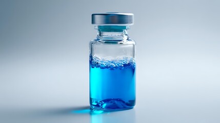 Blue liquid vaccine in glass vial with silver cap isolated on white background, scientific laboratory concept for medical research, healthcare, immunization, pharmaceutical, and modern biotechnology i