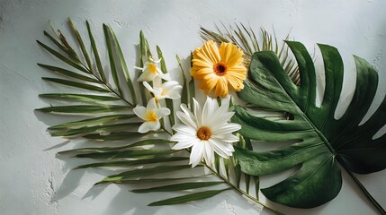 Tropical flowers and leaves arranged on a clean white background, vibrant botanical composition with exotic foliage, bright colors, elegant flat lay styling, and creative nature-inspired design