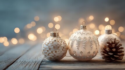 White Christmas ornaments with pinecone arranged on wooden table with soft bokeh lights, creating a cozy festive winter holiday decoration scene with natural textures and seasonal mood