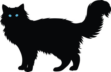 Fluffy Black Cat Silhouette with Piercing Blue Eyes a Mystical Feline Portrait