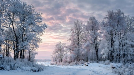 Snowy winter landscape with frosty trees glowing under warm sunset sky, peaceful seasonal scenery featuring calm atmosphere, soft colors and quiet natural environment in serene cold weather mood