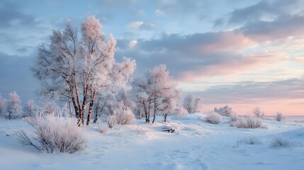Snowy landscape with frosty trees glowing under warm sunset light, peaceful winter nature scenery featuring soft colors, calm seasonal atmosphere and serene outdoor environment in cold weather