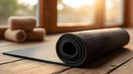Black yoga mat rolled up on wooden floor near window during sunrise, peaceful wellness and mindfulness scene with calm natural morning light in minimalist interior home fitness environment