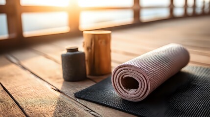 Yoga mat rolled up on black mat with essential oil bottles on wooden floor during sunrise, calming wellness scene with natural morning light, peaceful home fitness lifestyle concept
