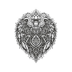 Ethereal celestial angel with blooming lotus crown and intricate floral wings in vintage woodcut engraving style.