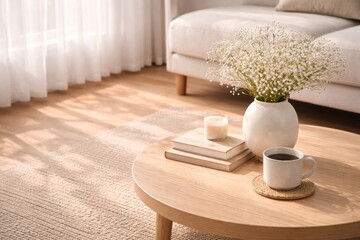 Cozy and bright living room interior; a round light wood coffee table holds a white ceramic vase with delicate baby's breath flowers, a small scented candle, a stack of books, and a cup of black coffe