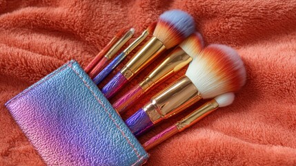 Colorful cosmetic brushes in iridescent case