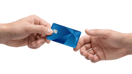 Two male hands exchanging blue geometric credit card with chip isolated on transparent background