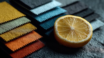 Colorful fabric swatches and citrus fruit slice
