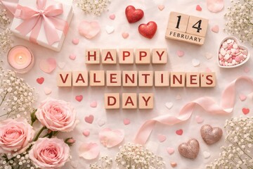 Aesthetic Valentine's Day flat lay composition; features wooden blocks spelling out "HAPPY VALENTINE'S DAY" and a wooden calendar set to February 14th. Surrounded by pink roses, a white gift box with 