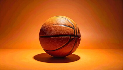 A basketball rests on a reflective surface with warm orange lighting—evoking kinetic stillness, crafted tension, and the iconic solitude of sport’s elemental form and focused anticipation.