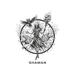 Mystical shaman character with wolves, owl, and skull staff in vintage woodcut engraving style.