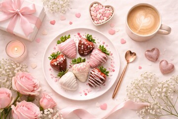 Romantic Valentine's Day flat lay featuring a white plate with strawberries dipped in various types of chocolate and decorated with sprinkles. The composition includes a cup of latte art coffee, pink 