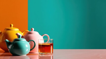 The image depicts a collection of vibrant teapots in various colors alongside a clear glass cup of tea, framed by bold orange and teal backgrounds that evoke a cheerful mood.