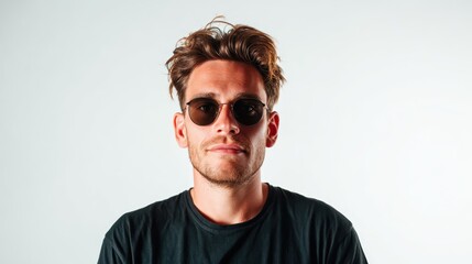 Obraz premium A modern portrait of a young man wearing sunglasses and a dark shirt showcases confidence and style, set against a clean, neutral backdrop that enhances the subject.