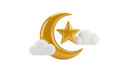 Golden Crescent Moon and Star with Clouds