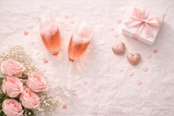 Elegant and romantic flat lay composition for Valentine's Day; featuring two glasses of sparkling rose champagne, a beautiful bouquet of pink roses with baby's breath, and a white gift box with a pink
