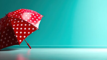 A vibrant red polka dot umbrella leans against a smooth turquoise wall, merging playful design with a pop of color in a cheerful, whimsical setting.