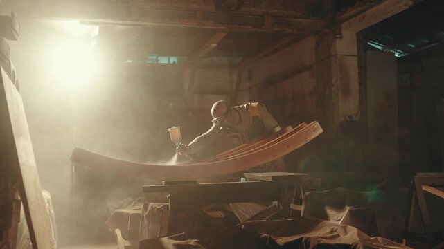 Wood, sander and carpenter in workshop with tools for furniture, production or construction project.
