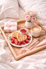 Romantic Valentine's Day breakfast in bed; a wooden tray holds heart-shaped waffles with fresh strawberries and raspberries, a small bowl of jam, a cup of latte art coffee, a white gift box with a pin