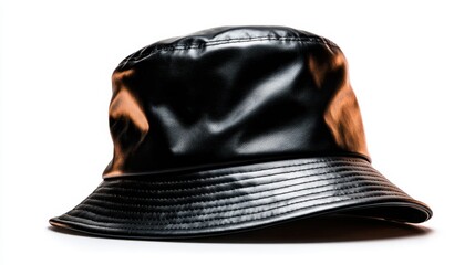 A sleek black leather bucket hat is artistically displayed on a simple white background, highlighting its fashionable design and contemporary streetwear appeal.