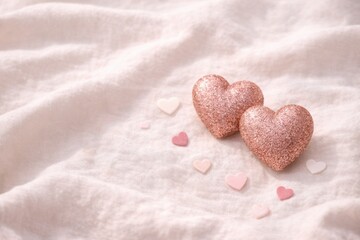 Minimalist romantic background featuring two large glittery pink hearts and several small pastel hearts scattered on a soft, wrinkled light pink fabric with gentle folds
