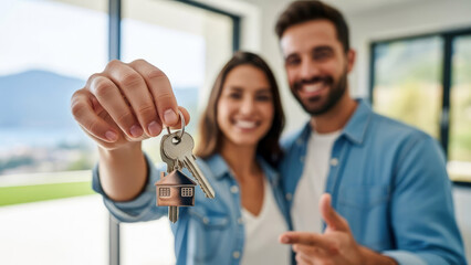 Happy couple holds keys to their new home in front of a blurred modern house interior. Defocused man and woman together against their new apartment. Real estate concept.