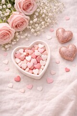 Romantic and aesthetic flat lay composition featuring a white heart-shaped ceramic bowl filled with small pink and white heart candies. The scene is decorated with pink roses, delicate baby's breath f