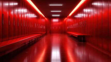Fototapeta premium This image depicts a futuristic hallway bathed in red lighting, creating an immersive atmosphere that evokes feelings of innovation, intensity, and modernity.