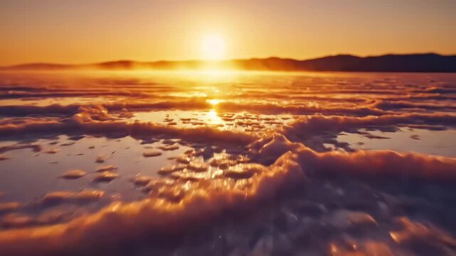 Golden sunrise illuminates vast salt flat formations reflecting bright light intensely