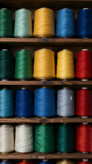 Yarn Spools on Wooden Shelves