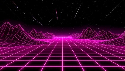 A retro-futuristic digital landscape with neon pink grid terrain and starry sky—evoking synthwave nostalgia, cosmic motion, and the glowing geometry of 1980s cyber dreams.