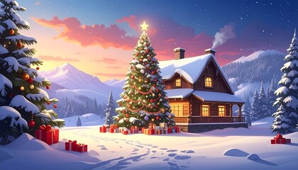 Winter Wonderland - Christmas Tree and Cozy Cabin Scene.