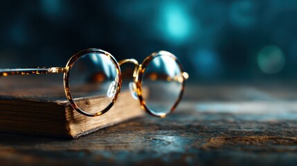 A nostalgic scene with vintage glasses gently placed on an aged book, suggesting wisdom and a connection to the past, enriched by a softly illuminated atmospheric background.