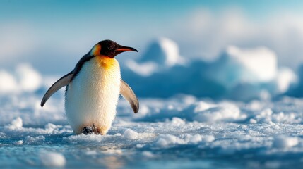 Obraz premium An emperor penguin gracefully walks across a snowy landscape, showcasing the beauty of wildlife and the stark contrast of its vibrant colors against the icy blue background.