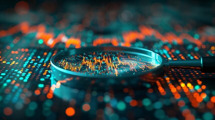 Trader analyzing stock trends with magnifying glass over candlestick chart in dark teal and orange