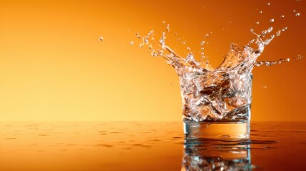 This image captures the dynamic moment of water splashing in a glass against a vibrant orange backdrop, evoking energy, excitement, and refreshing qualities perfect for food or drink themes.