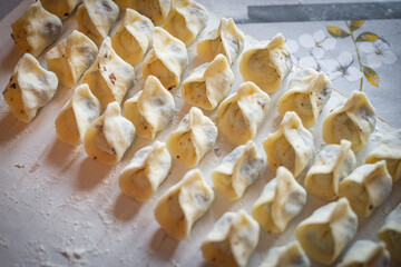 Handcrafted dumplings on a wooden surface, ready for steaming or boiling