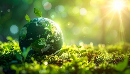 A small globe rests on green moss beside a sprouting plant, bathed in sunlight—evoking ecological hope, planetary care, and the tender choreography of growth, renewal, and environmental stewardship.