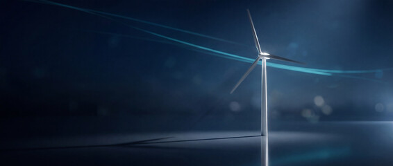 3D Render of a Modern Wind Turbine with Flowing Blue Energy Lines &ndash; Concept for Renewable Power, Clean Energy Innovation, and Sustainable Future