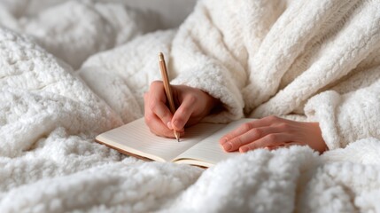 A pair of hands write in a notebook while enveloped in soft, fluffy white blankets, creating a serene and intimate atmosphere that promotes creativity and comfort in writing.