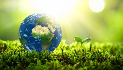 A small globe rests on green moss beside a sprouting plant, bathed in sunlight—evoking ecological hope, planetary care, and the tender choreography of growth, renewal, and environmental stewardship.
